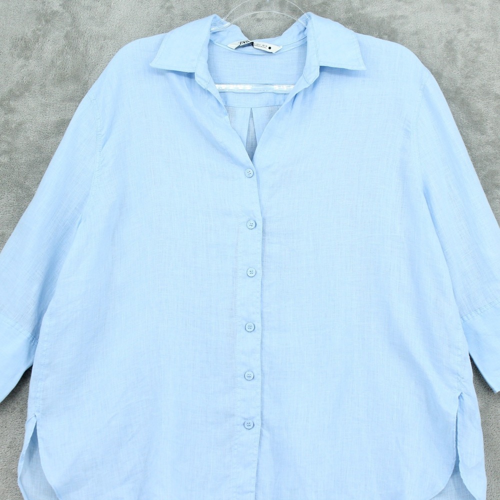Zara Shirt Womens Small Linen Button Front Lightweight Costal Boxy Relaxed Blue - Picture 3 of 10